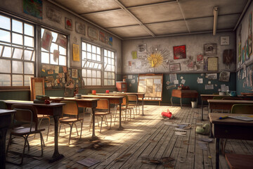 Fototapeta na wymiar classroom in abandoned school in ukraine