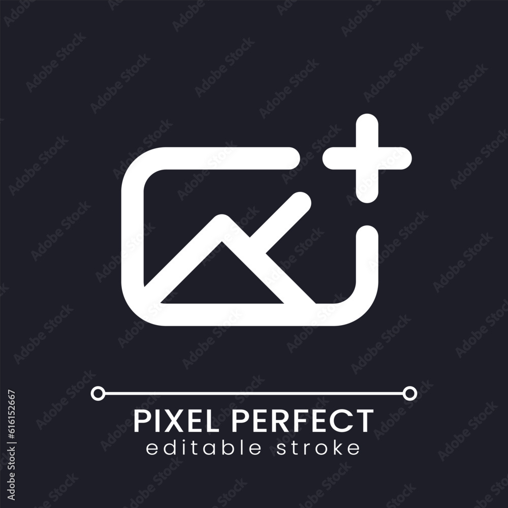 Poster add image pixel perfect white linear ui icon for dark theme. insert photo into footage. editing tool