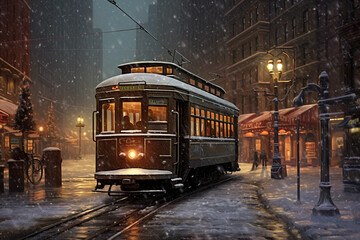 Obraz premium Illustration of a retro streetcar on a city street in winter
