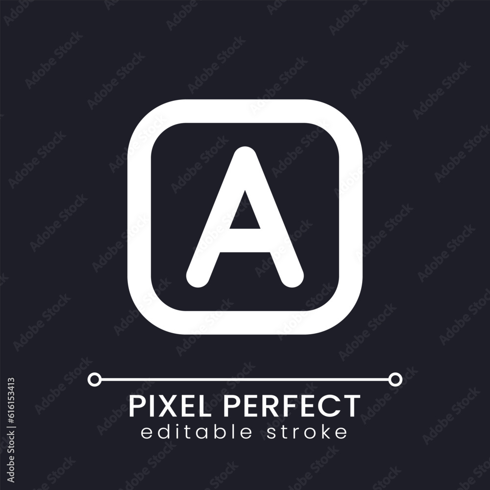 Poster font style pixel perfect white linear ui icon for dark theme. title template tool. adding text to vi