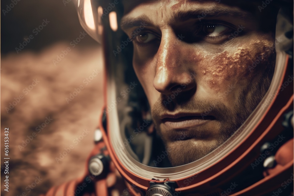 Poster closeup portrait of futuristic astronaut futuristic on mars background. created by the top of helmet