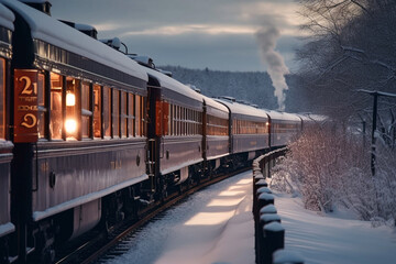 Fototapeta na wymiar vintage locomotive runs on a railroad in the mountains during a snowfall in winter, Christmas holiday concept