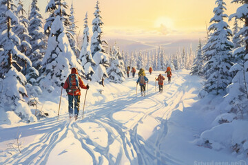Illustration of skiers on the slopes of a ski resort in the winter