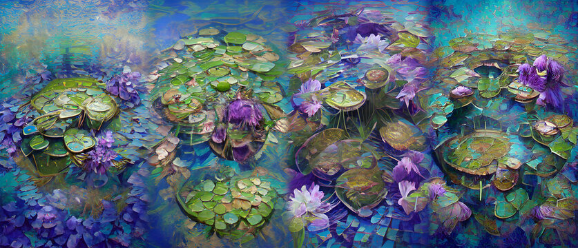 pond montage of four water lily pad compositions from AI generated artwork, altered and combined