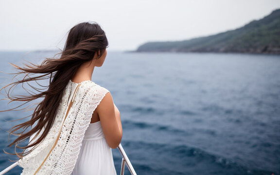 A beautiful woman with long brown hair stands on the deck of a yacht in a white dress with lace and looks at the seascape. Back view. Generative AI