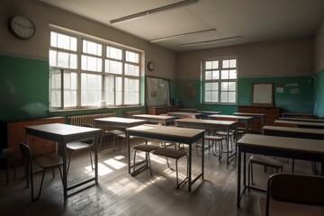 Photo classroom with school desks and greenboardempty school classroom. Generative AI