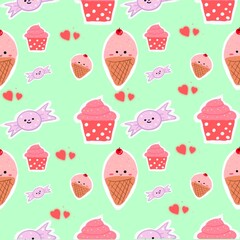 Seamless pattern ice creamdecorate on top cherry , candy and cupcakes on light green pastel background for wallpaper,fabric,clothing.