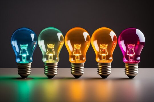 Vibrant Lightbulbs in Various Colors. Generative AI