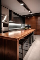 Chic and modern kitchen, with gleaming stainless steel appliances and a sleek, minimalist design. Generative AI