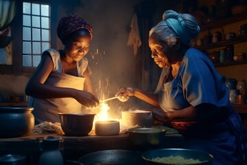 Fiction African people in the  kitchen, Grandma and daughter preparing food cinematic light AI Generated images of people