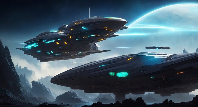 Sci-Fi Raumschiff fliegt &uuml;ber ein Planet