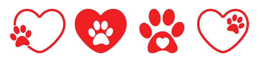 Heart and pet paw print dog cat icon set, Animal love symbol paw print with heart, Vector illustration - obrazy, fototapety, plakaty