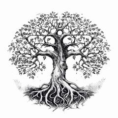 Artistic tree with roots visible in black and white