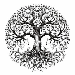 Artistic tree with roots visible in black and white