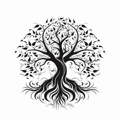 Artistic tree with roots visible in black and white