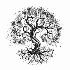 Artistic tree with roots visible in black and white