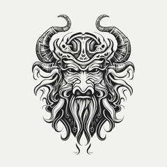 Viking head art tattoo in black and white