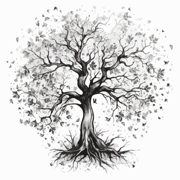 Artistic tree with roots visible in black and white