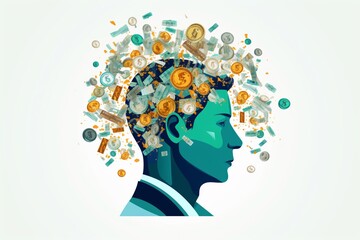 Head thinking about money. Flying coins and bills to the head. Bright background isolated graphic. Orange and green. Focus on work. Lots of thoughts and ideas. Illustration. Generative AI