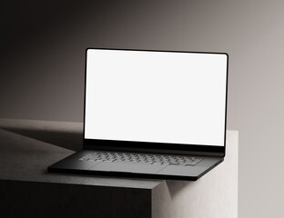 Realistic Laptop Mockup white blank screen with realistic light and shadow overlay on concrete dark scene 3D illustration Realistic rendering.