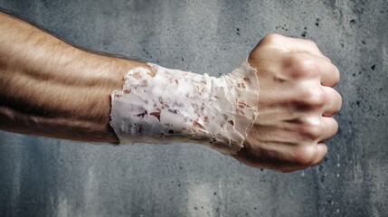 Bandaid on arm on blue background