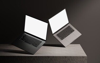 Realistic Laptop Mockup white blank screen with realistic light and shadow overlay on concrete dark scene 3D illustration Realistic rendering.