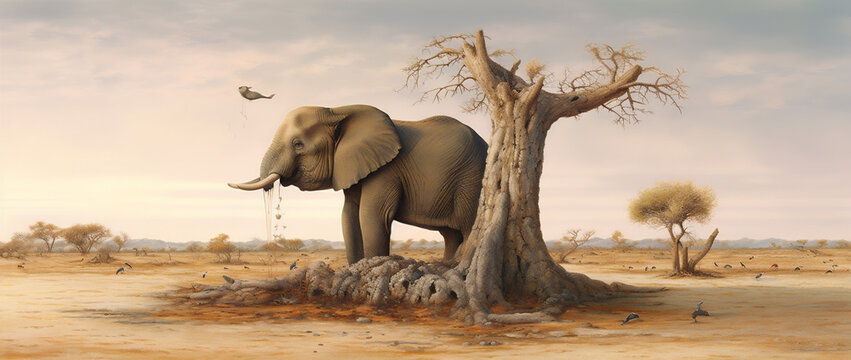 surrealism impossible stability surreal tree concept nature solitude dream elephant. Generative AI.