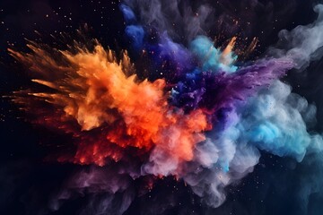 Fototapeta na wymiar Colored powder explosion abstract closeup of dust splash on a black backdrop, mixed digital illustration and matte painting, created with Generative AI technology