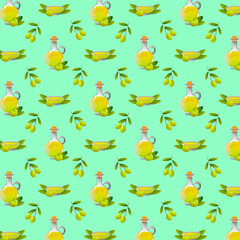 Seamless pattern olive oil and olives on a blue background, vector