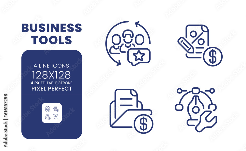 Poster business tools linear desktop icons set. enhance teamwork. process management software. pixel perfec