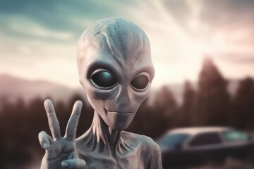 Aliens on planet earth, UFO in field. The aliens came with peace, the galactics show a peace gesture against the background of the city. generative ai.
