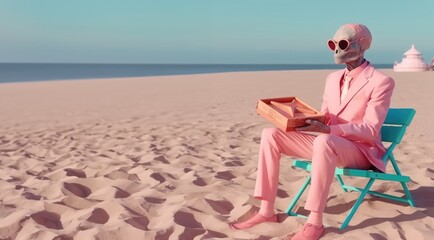 Fashionable pink alien sitting on the beach against the background of the sea in sunglasses, holding a box. generative ai.