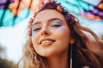 Obraz premium Young girl model Holi Festival Of Colors. Colorful powder paint on the face. Energy, dancing, beautiful woman Portrait of happy young pretty girl on holi color festival. generative ai.
