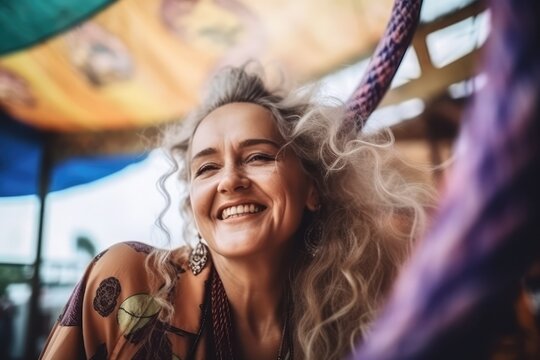 Old woman, senior lady fashion hippie at festival, wearing sunglasses, active old age. Grandma having fun, lifestyle. generative ai.