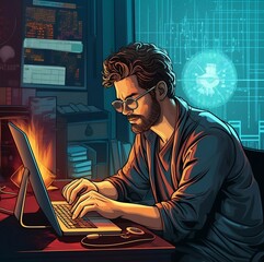man working on laptop Bitcoin Trading Illustration: Enhance Your Projects with Adobe Stock