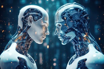 Artificial intelligence digital technology concept. Humanoid robots standing face to face, communication 