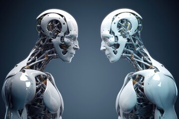 Artificial intelligence digital technology concept. Humanoid robots standing face to face, communication 