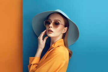 The girl is looking at the camera on a blue background in orange clothes. Woman in sunglasses, hat. generative ai.