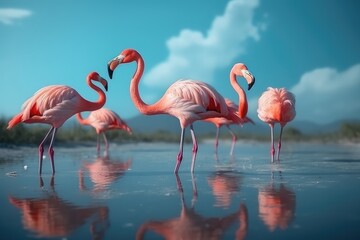 Many flamingos swim in the water against the background of a beautiful sky, pink birds in nature in the tropics. generative ai.