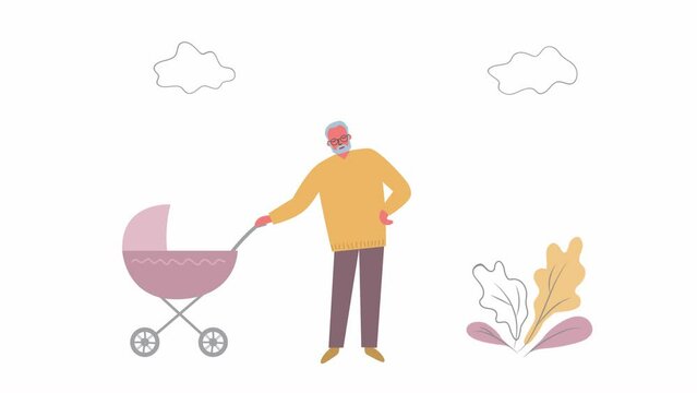 Animation with alpha channel. Grandfather with grandchild in baby stroller. Grandpa rocking the stroller. Old man with a pink pram on a walk. Plants and clouds