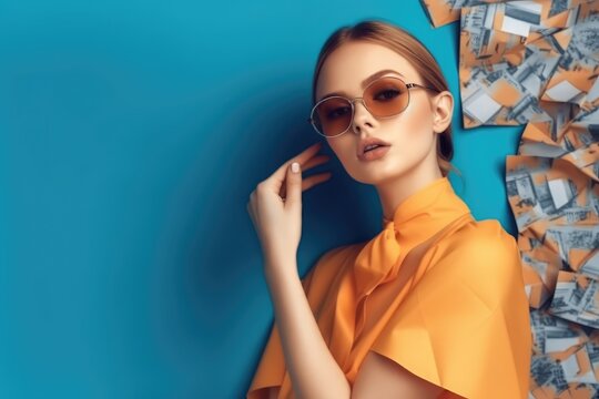 The girl is looking at the camera on a blue background in orange clothes. Woman in sunglasses. generative ai.