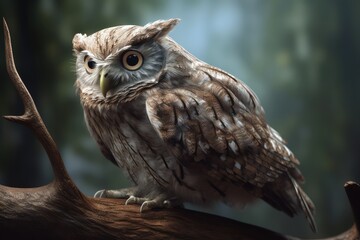 Fototapeta premium Owl portrait in the forest sitting outdoors in a natural environment. Birds generative ai.