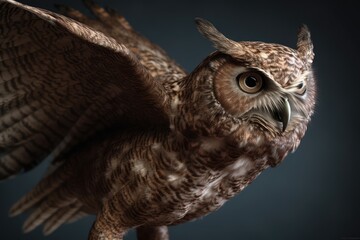 Owl portrait on a black background flies. Birds generative ai.