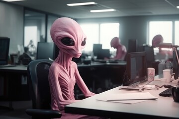 Pink alien works at work on earth, inhuman working conditions, business and fatigue. Birds generative ai