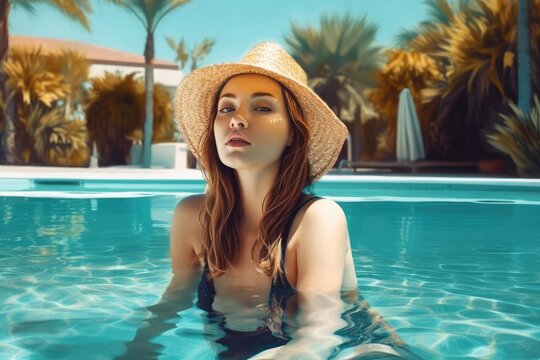 The girl swims in the pool against the background of the tropics, summer vacation, vacation. generative ai.