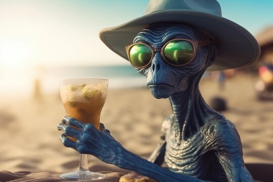 The alien is resting and drinking on the beach. cocktails on wraps. Aliens on earth. generative ai