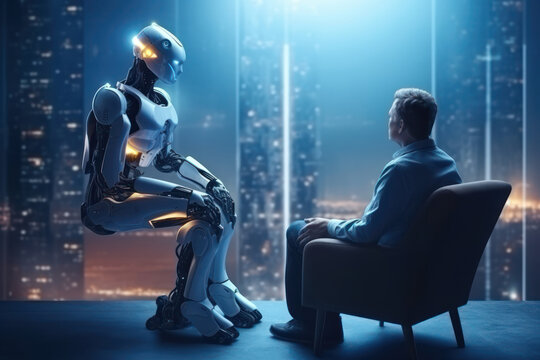 Artificial intelligence digital technology concept. Human and robot talking, communication 