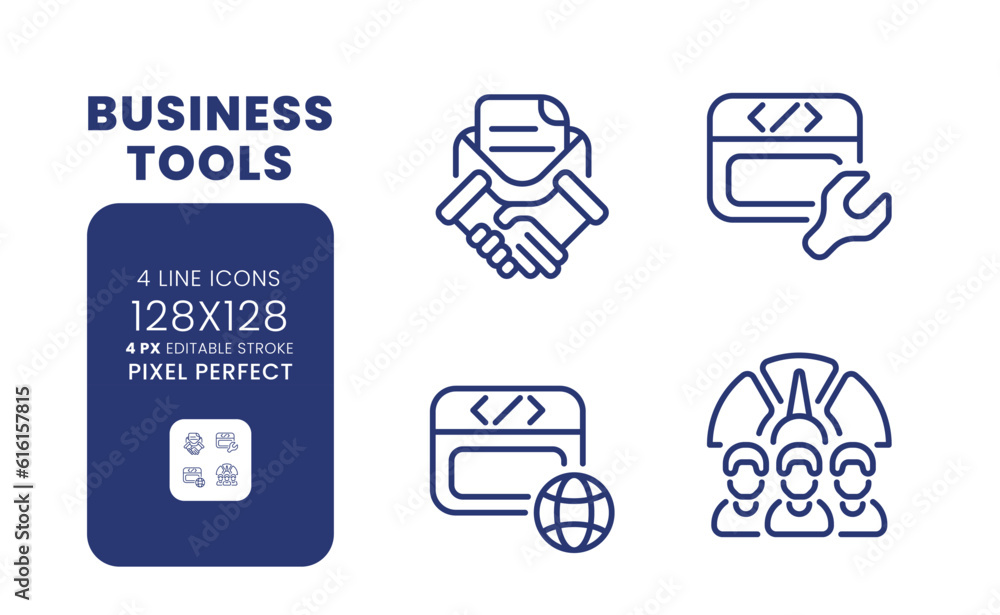 Poster business tools linear desktop icons set. computer technology. collaboration software. pixel perfect 