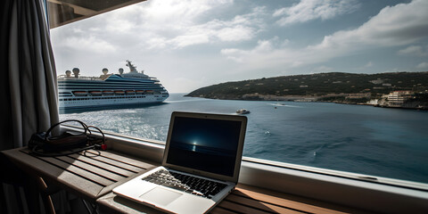Fototapeta premium Remote Working Setup Port View, Generative AI