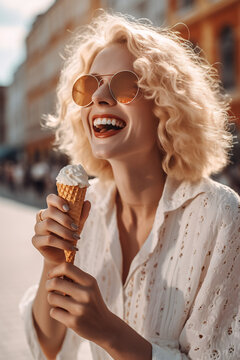 Beautiful blond woman eating gelato on summer vacation